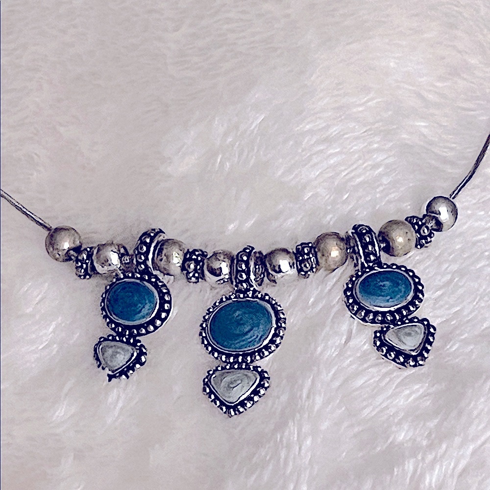 “K C” DESIGNS 💙 VTG 90’s SILVER/BLUE TRIO PENDANTS WITH BEAD SPACERS NECKLACE - Picture 2 of 9